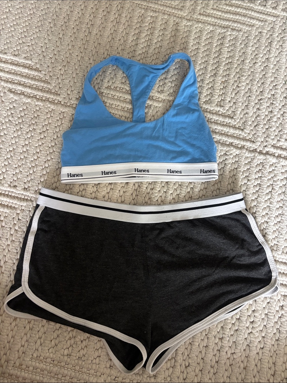 Hanes 2pc Set S/M Blue Sports Bra Gray Lounge Shorts